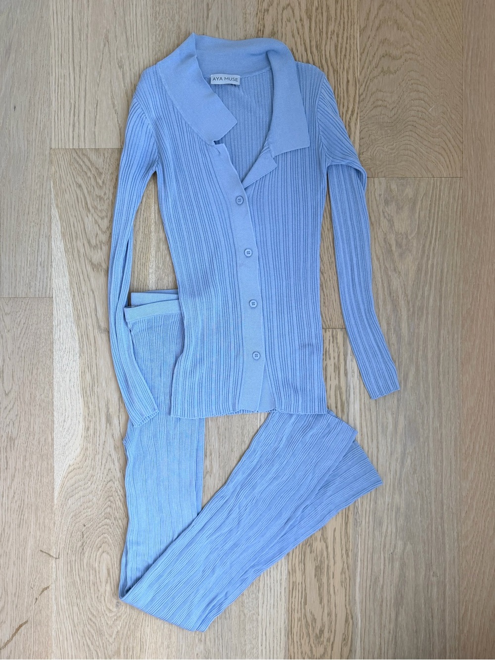 AYA MUSE Malachite Ribbed Button-Front Lounge Set in Light Blue
